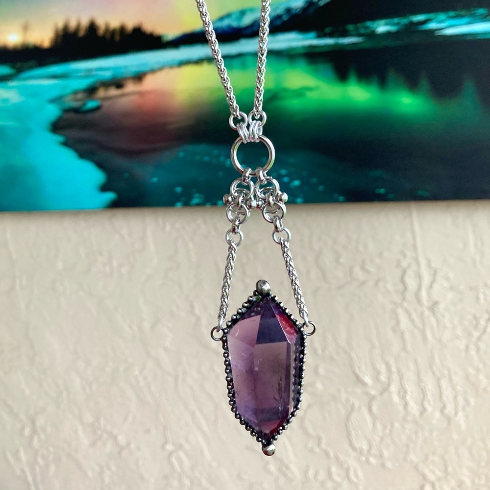 Natural big purple amethyst crystal gemstone boho goth maille steel necklace - Picture 11 of 16